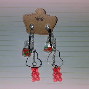 Fruit Soda Decor Resin Charm, Silver Heart Charm, Red Gummy Bear 3" Y2K Earrings